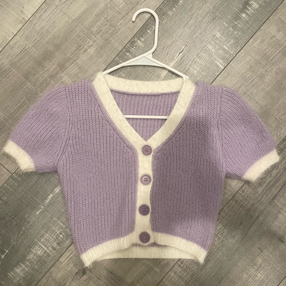 fuzzy purple cropped cardigan